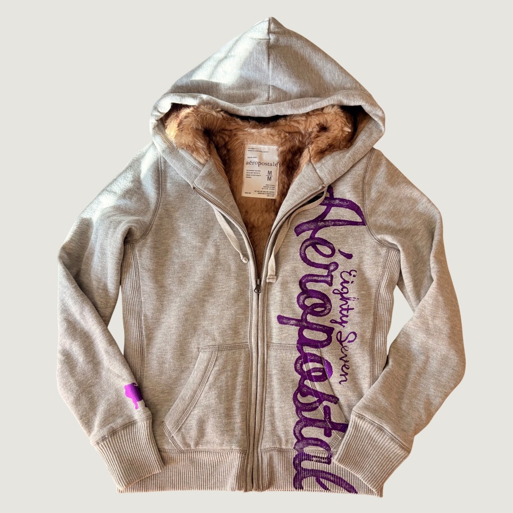Y2K Vintage Aeropostale Faux Fur Lined Full Zip Hoodie Gray Purple Logo